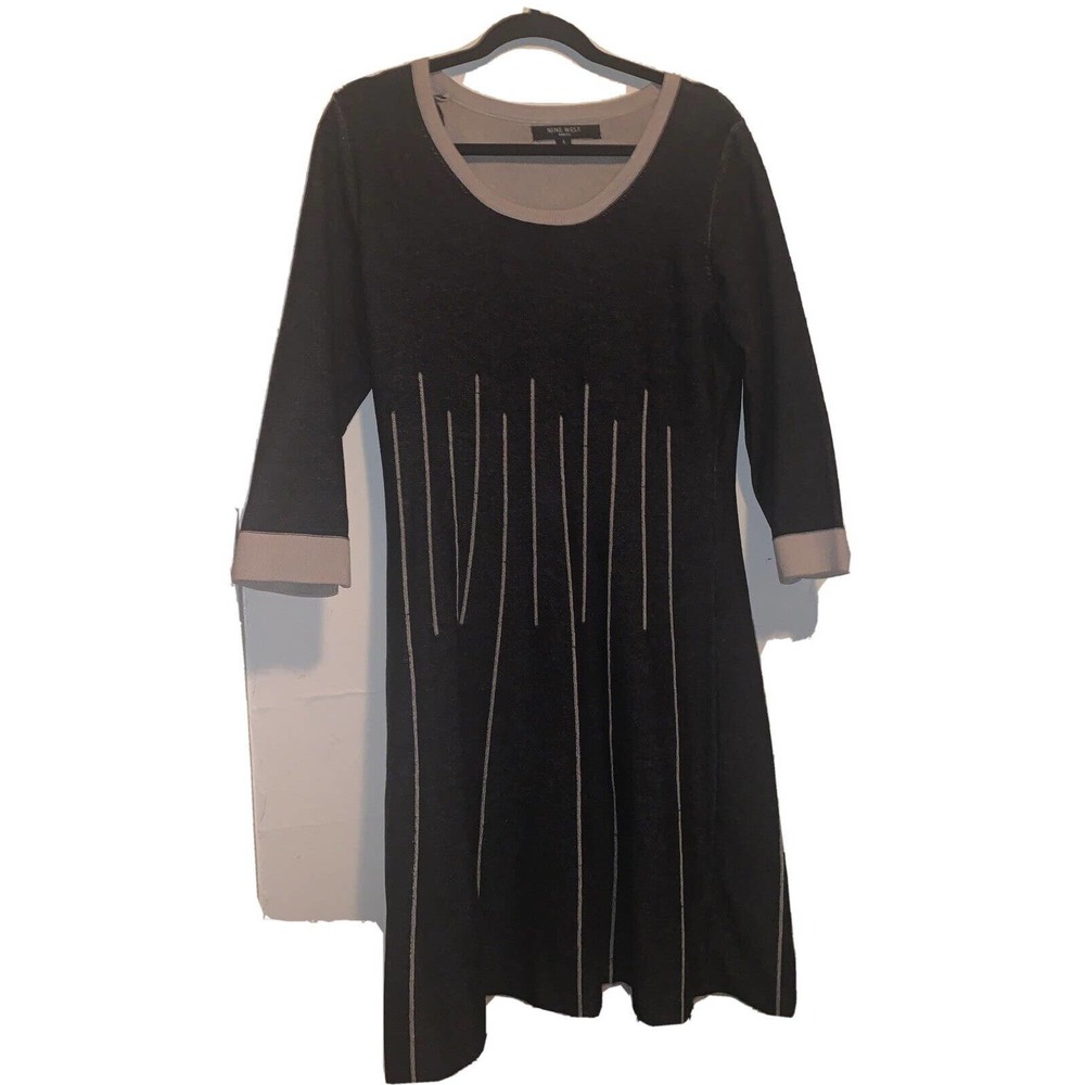 Nine West Black Cotton Scoop Neck Long Sleeve Knee Length Sweater Dress Size L